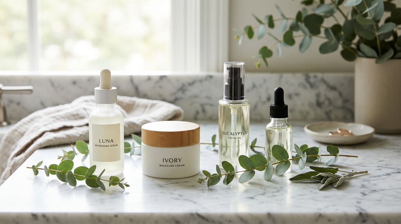 Skincare bottles on marble with eucalyptus