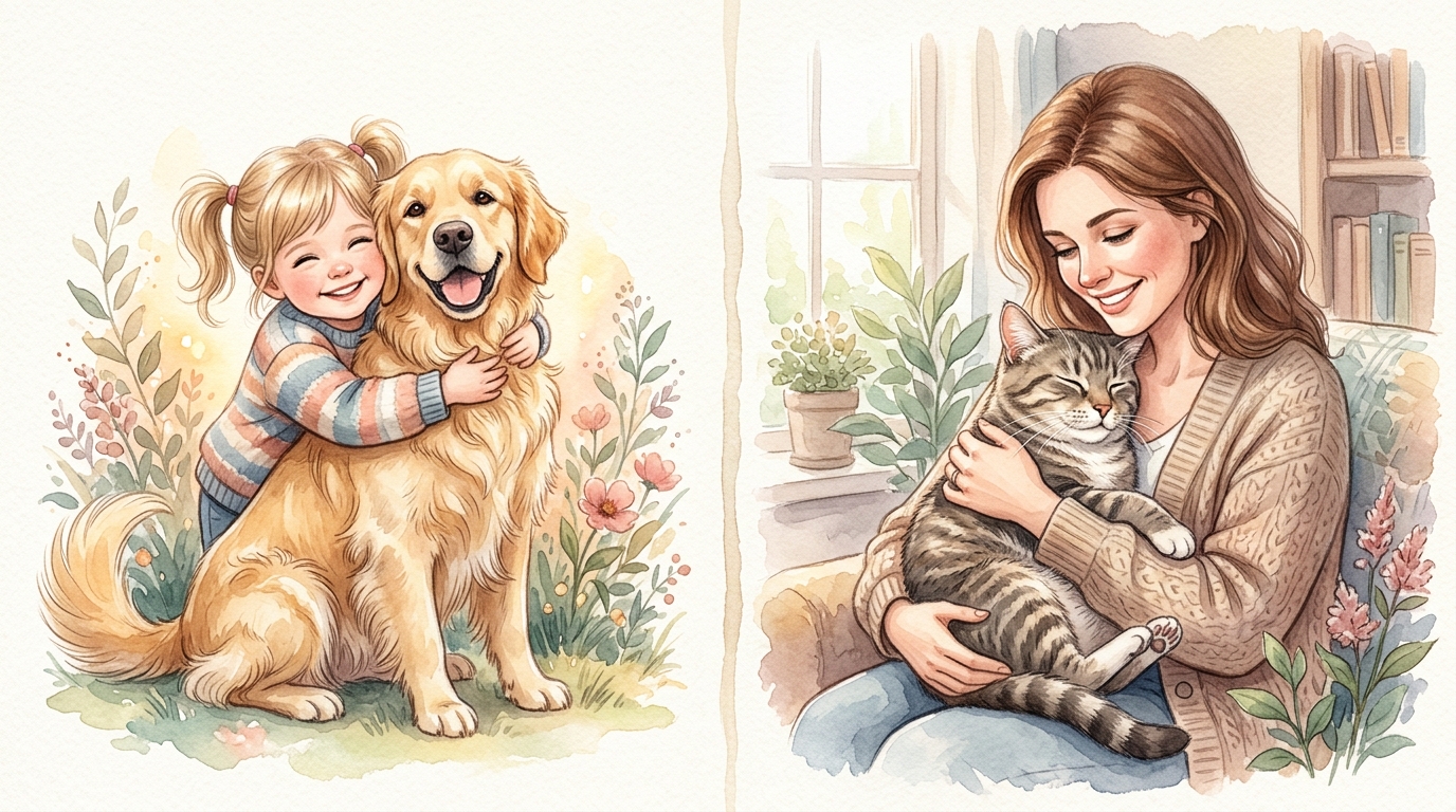 Kid hugging golden retriever and adult cradling old tabby
