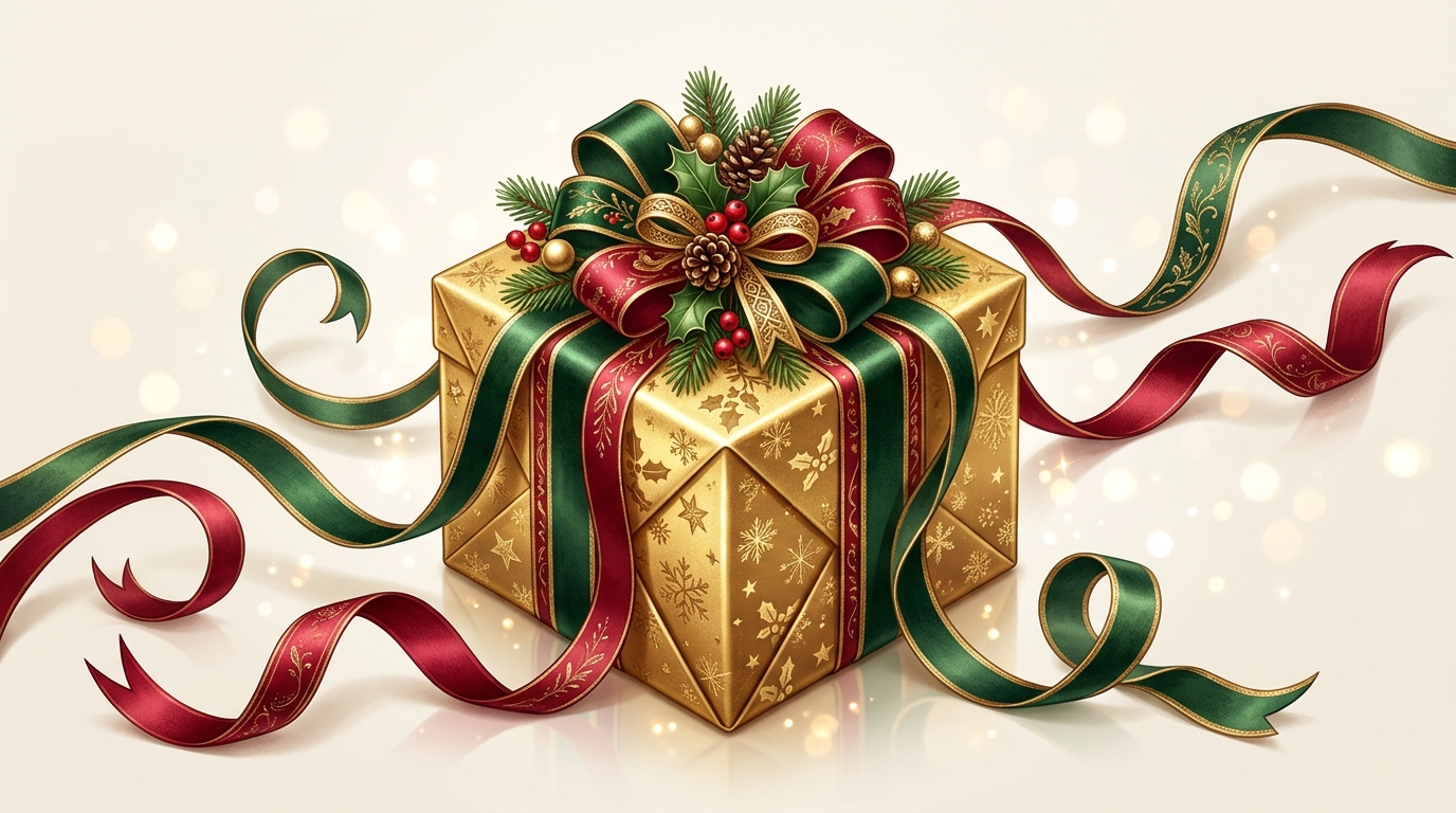 Festive wrapped gift box with ribbons
