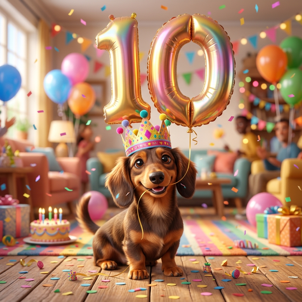 Cute dachshund wearing a party crown holding a 10 balloon