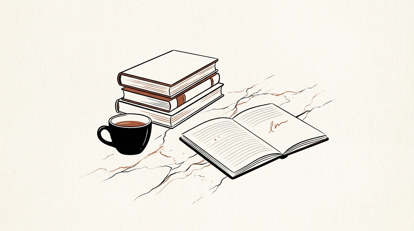 Still life of books, coffee, and a notebook