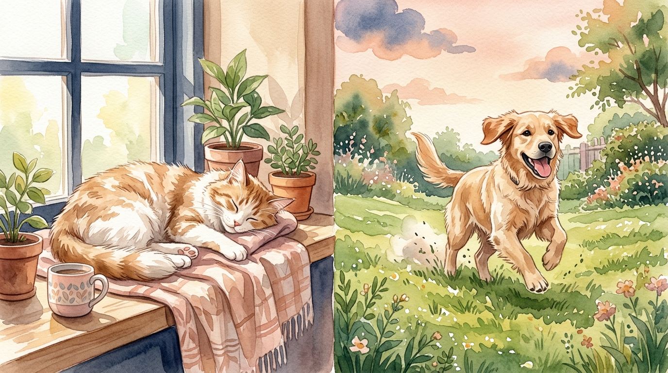 Sleeping cat and zooming dog